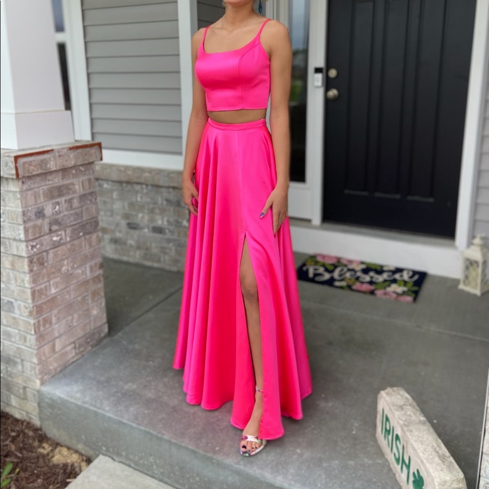 pink two piece prom dress